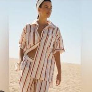 Anthropologie Boxy Striped Button Down Shirt Cover Up Womens Oversized XS
